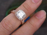 1.0 CT Cushion Cut Halo Moissanite Bridal Ring Set 2